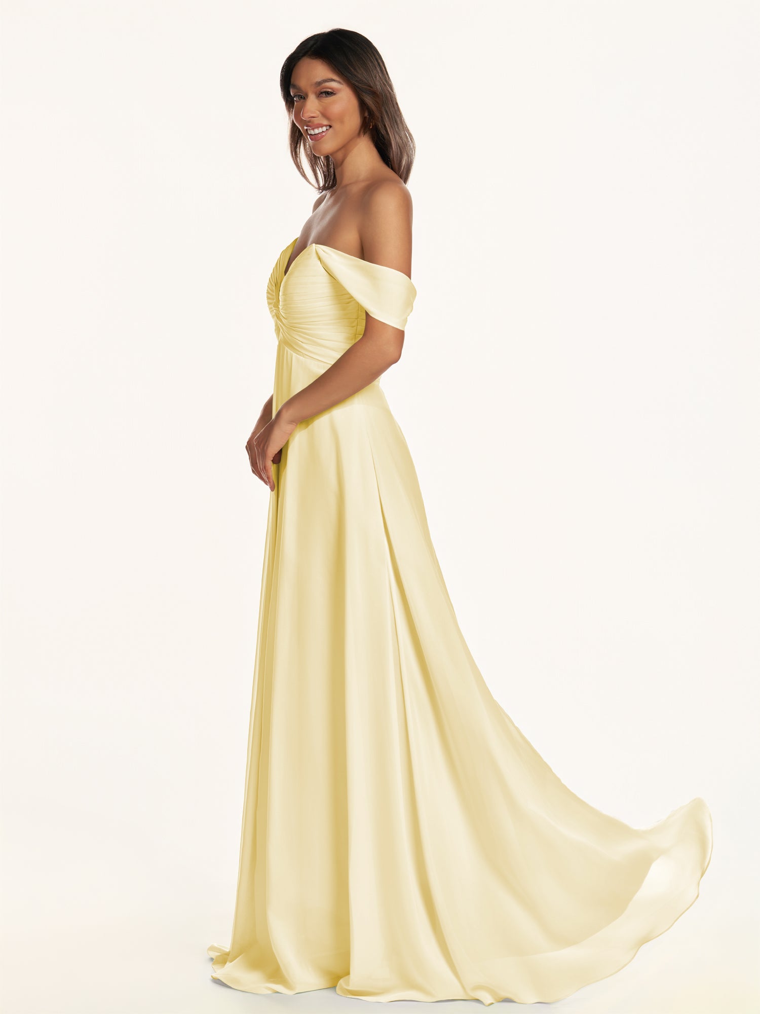 KissDress-Breona Pastel Yellow A Line Chiffon Off the Shoulder Twisted Long Bridesmaid Dress