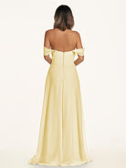 KissDress-Breona Pastel Yellow A Line Chiffon Off the Shoulder Twisted Long Bridesmaid Dress