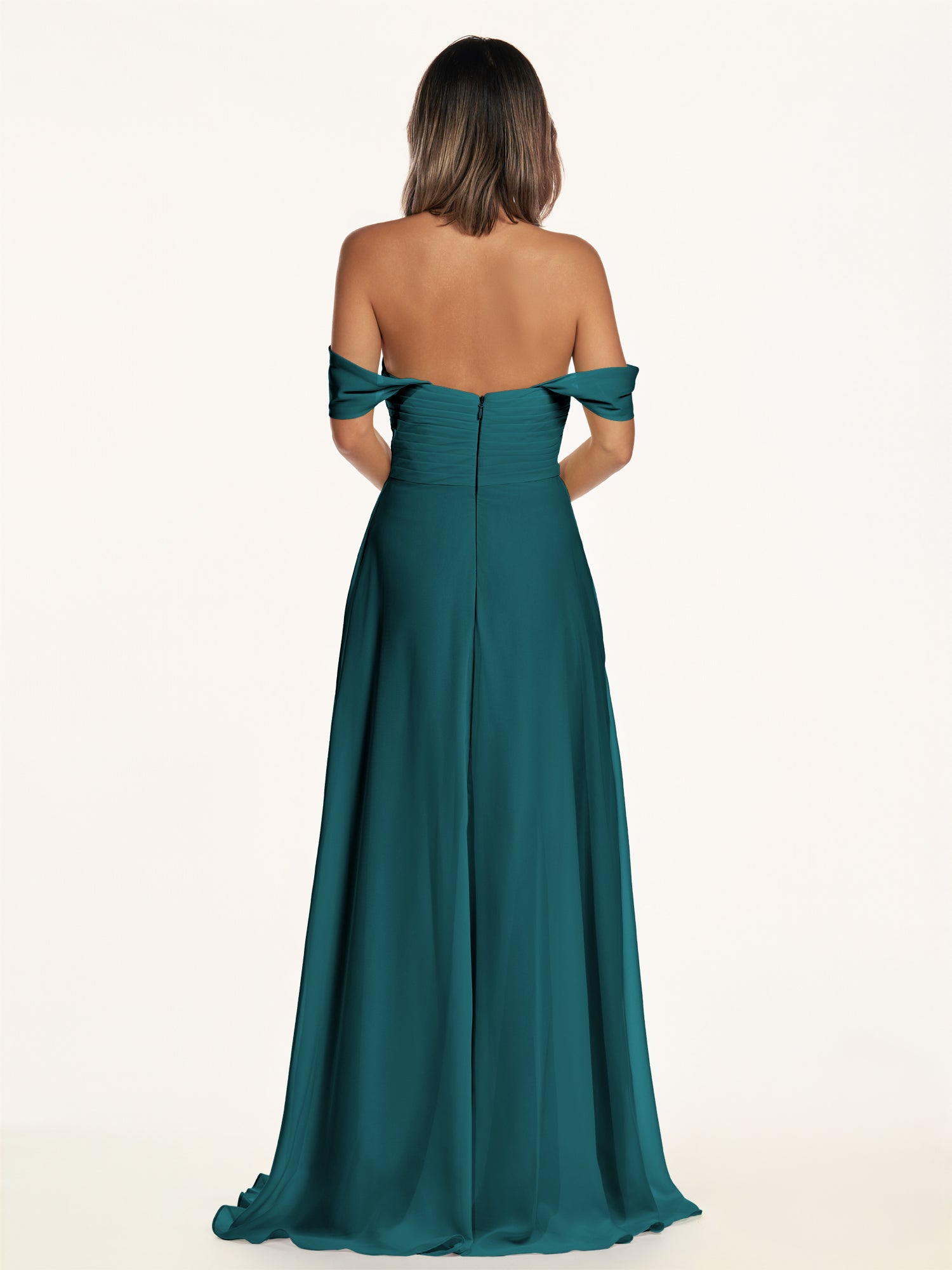 KissDress-Breona Pine A Line Chiffon Off the Shoulder Twisted Long Bridesmaid Dress