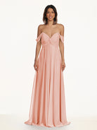KissDress-Breona Rose Petal A Line Chiffon Off the Shoulder Twisted Long Bridesmaid Dress