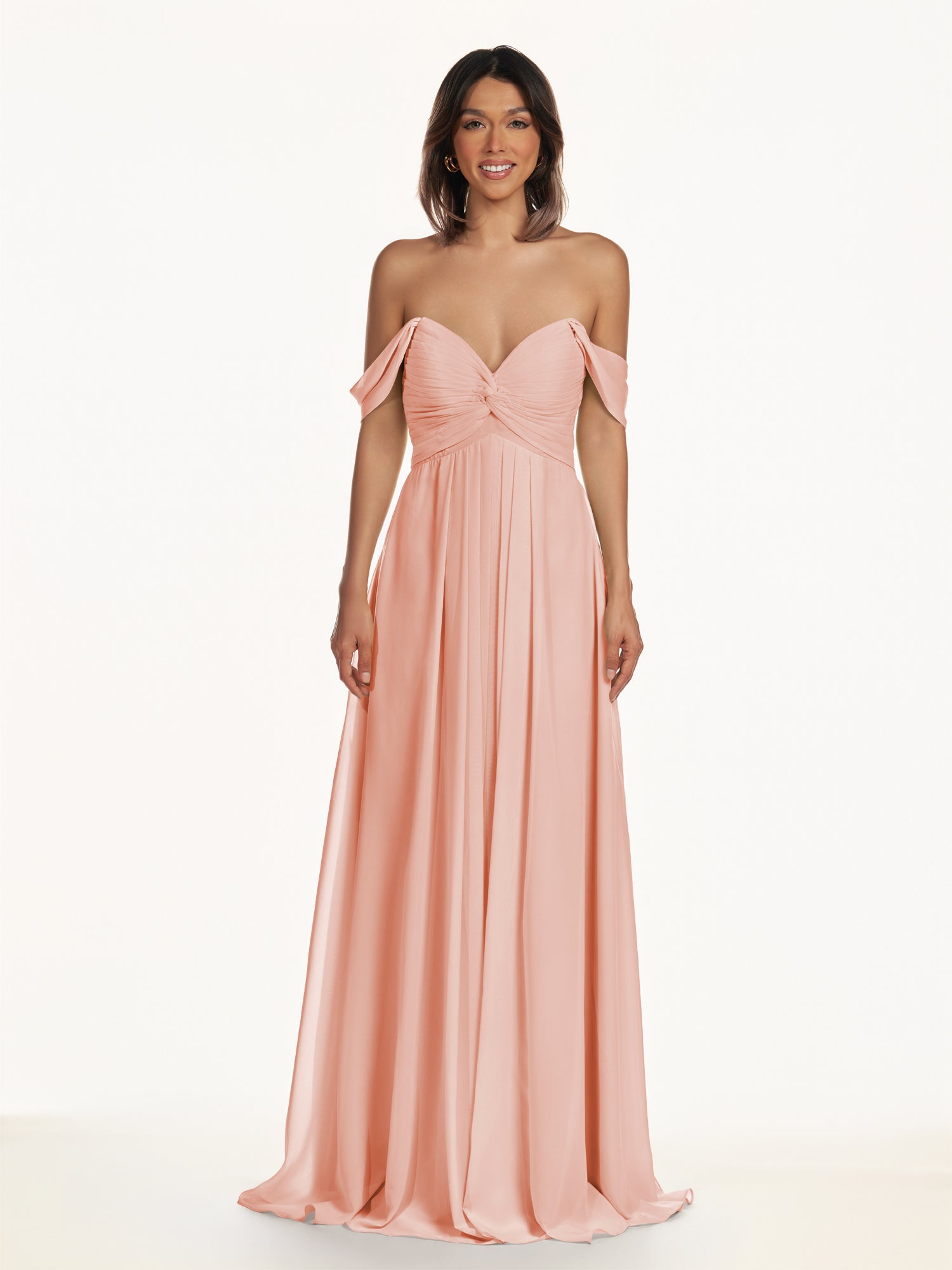 KissDress-Breona Rose Petal A Line Chiffon Off the Shoulder Twisted Long Bridesmaid Dress