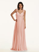 KissDress-Breona Rose Petal A Line Chiffon Off the Shoulder Twisted Long Bridesmaid Dress