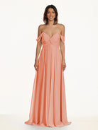 KissDress-Breona Rosette A Line Chiffon Off the Shoulder Twisted Long Bridesmaid Dress