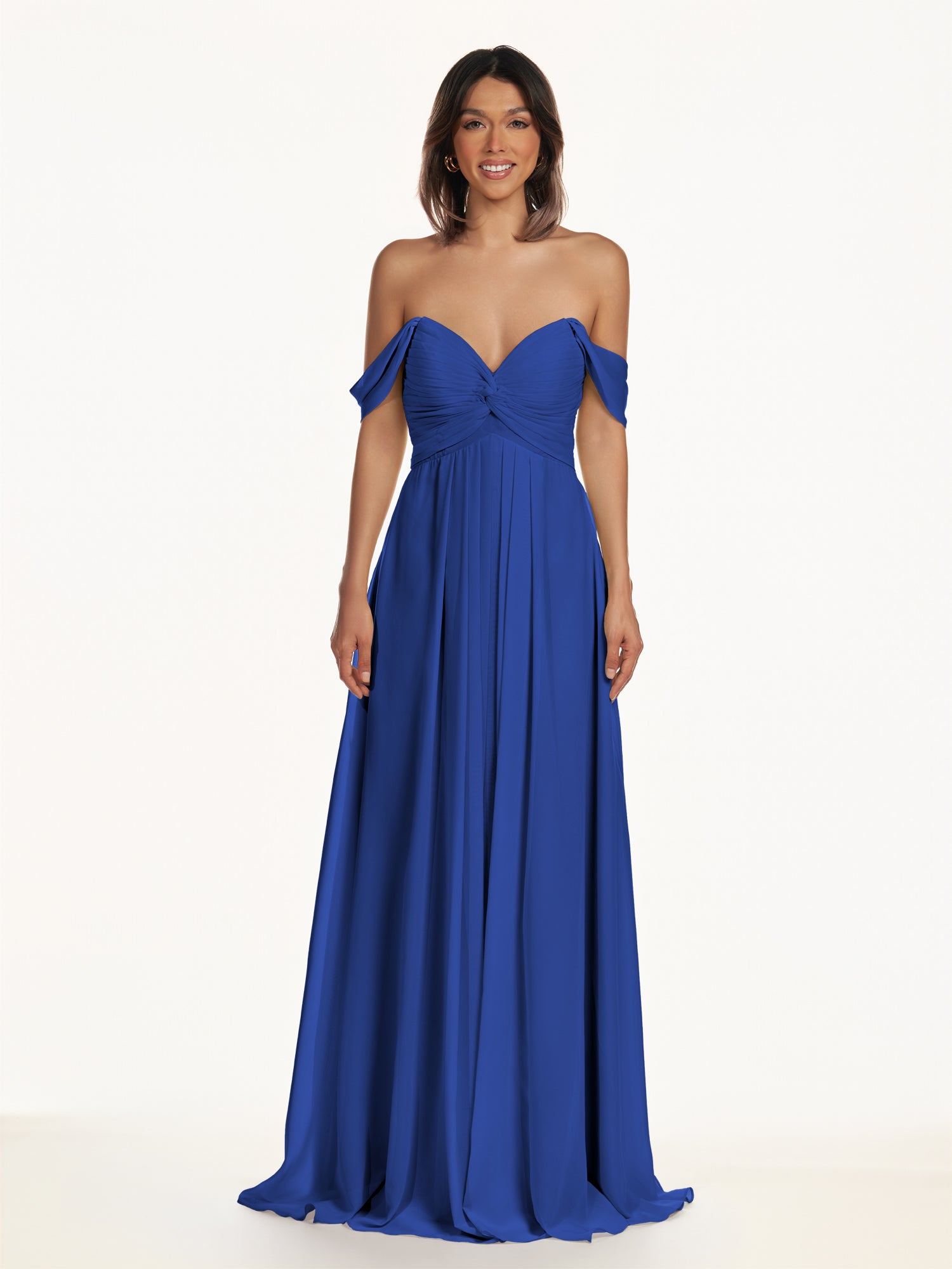 KissDress-Breona Royal Blue A Line Chiffon Off the Shoulder Twisted Long Bridesmaid Dress