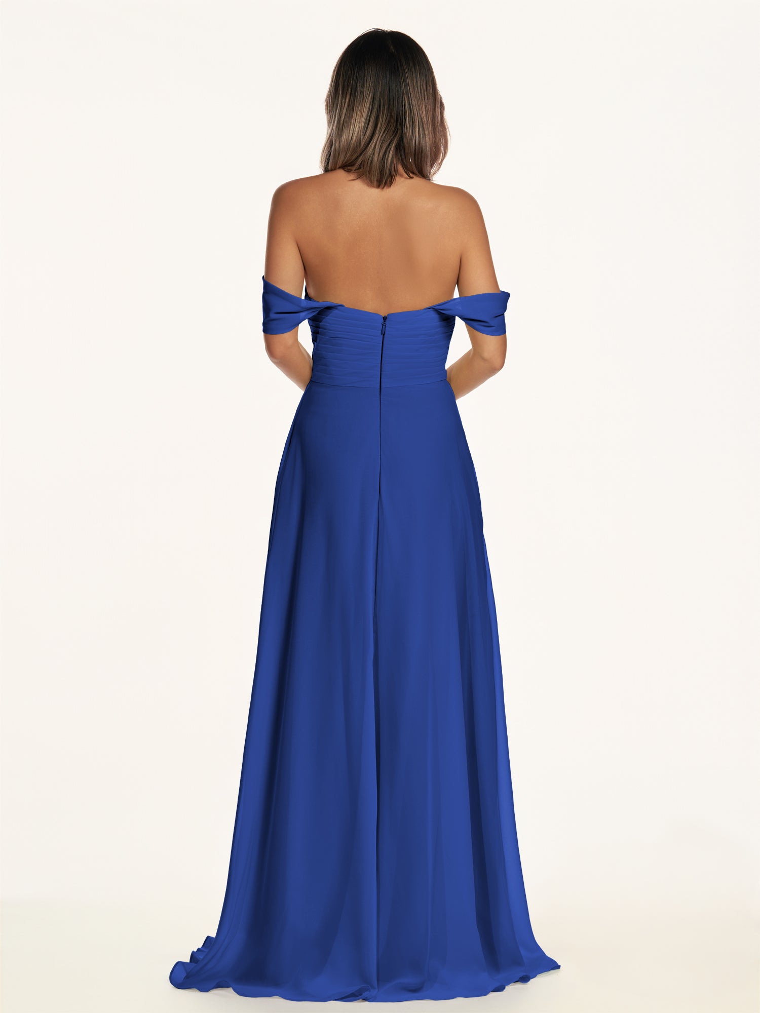 KissDress-Breona Royal Blue A Line Chiffon Off the Shoulder Twisted Long Bridesmaid Dress