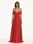 KissDress-Breona Ruby Red A Line Chiffon Off the Shoulder Twisted Long Bridesmaid Dress