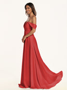 KissDress-Breona Ruby Red A Line Chiffon Off the Shoulder Twisted Long Bridesmaid Dress