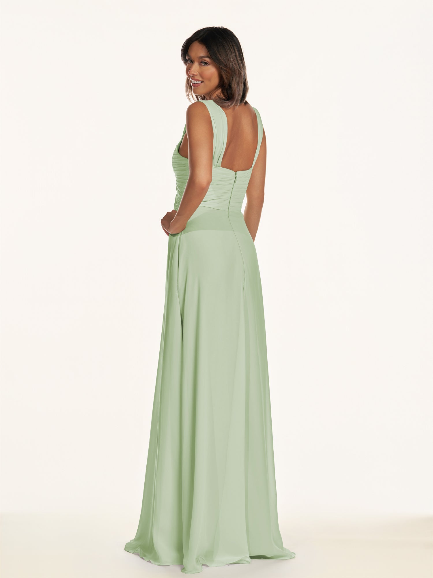 KissDress-Breona Sage A Line Chiffon Off the Shoulder Twisted Long Bridesmaid Dress
