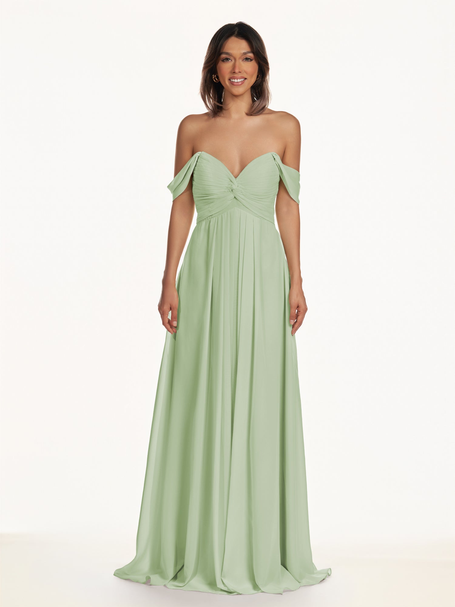 KissDress-Breona Sage A Line Chiffon Off the Shoulder Twisted Long Bridesmaid Dress
