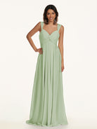 KissDress-Breona Sage A Line Chiffon Off the Shoulder Twisted Long Bridesmaid Dress