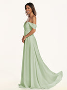 KissDress-Breona Sage A Line Chiffon Off the Shoulder Twisted Long Bridesmaid Dress