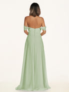 KissDress-Breona Sage A Line Chiffon Off the Shoulder Twisted Long Bridesmaid Dress