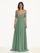 KissDress-Breona Sea Glass A Line Chiffon Off the Shoulder Twisted Long Bridesmaid Dress