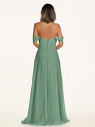 KissDress-Breona Sea Glass A Line Chiffon Off the Shoulder Twisted Long Bridesmaid Dress