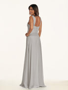 KissDress-Breona Silver A Line Chiffon Off the Shoulder Twisted Long Bridesmaid Dress