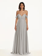 KissDress-Breona Silver A Line Chiffon Off the Shoulder Twisted Long Bridesmaid Dress