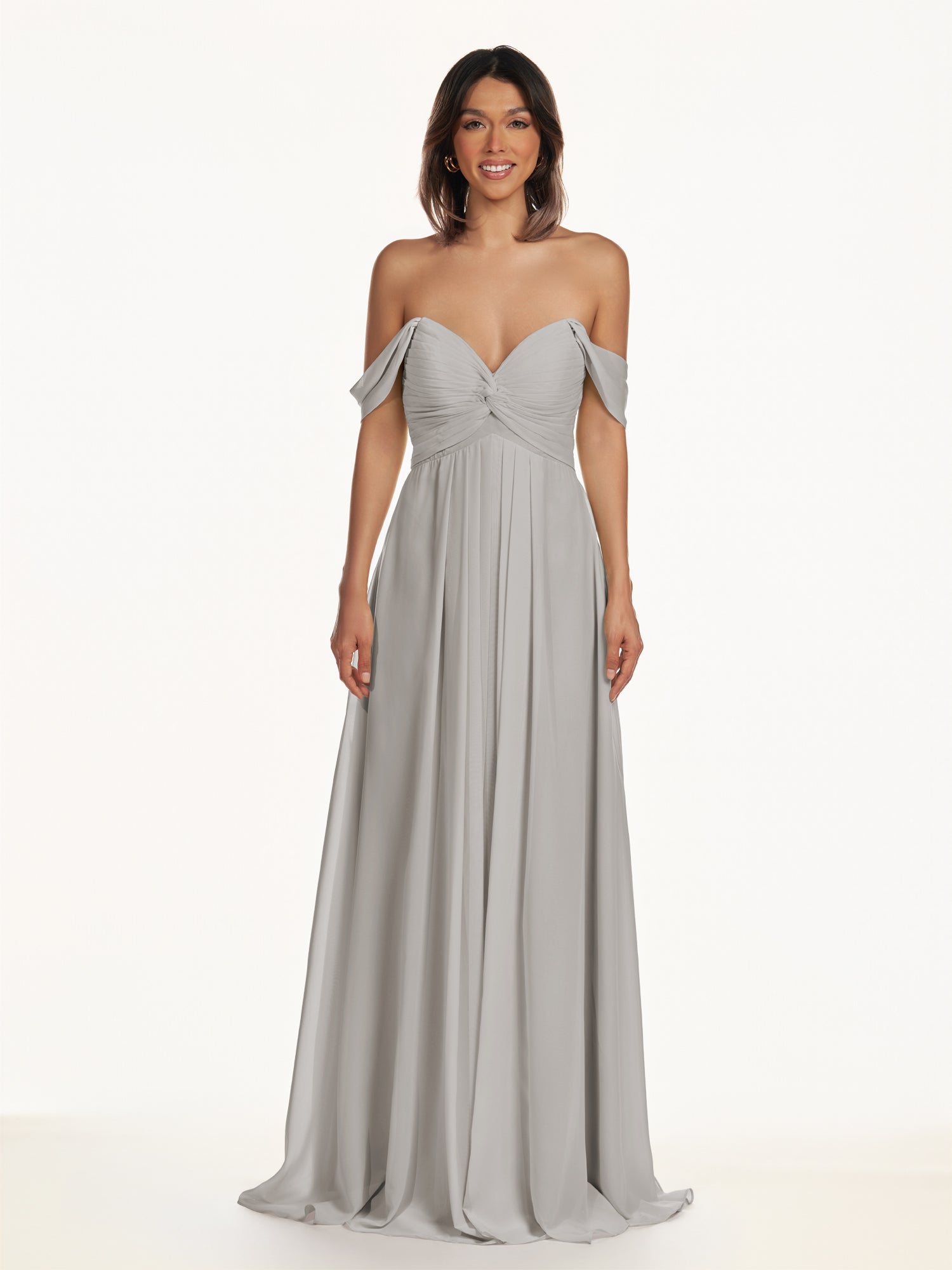 KissDress-Breona Silver A Line Chiffon Off the Shoulder Twisted Long Bridesmaid Dress