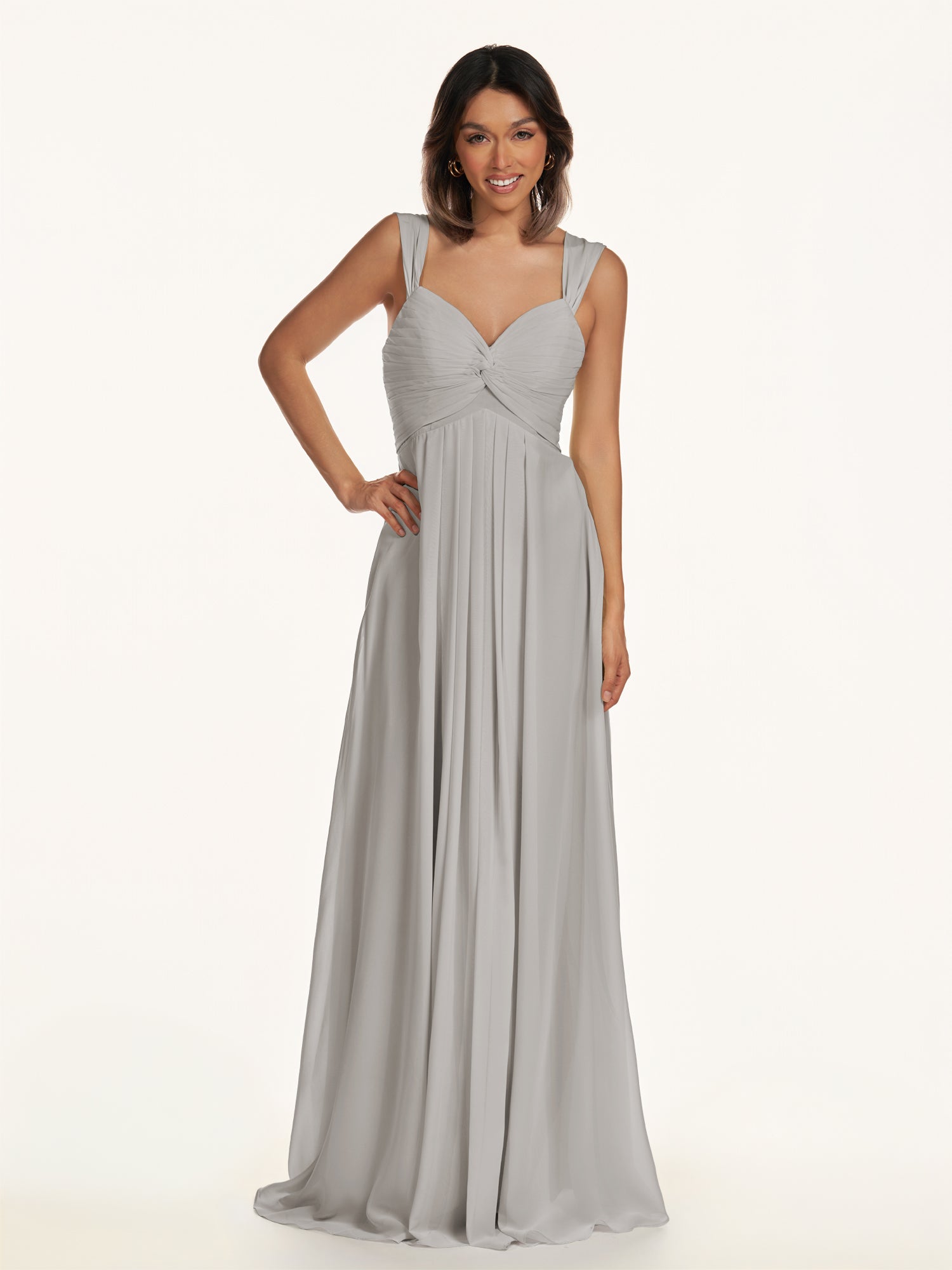 KissDress-Breona Silver A Line Chiffon Off the Shoulder Twisted Long Bridesmaid Dress