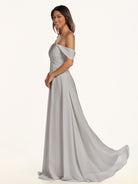 KissDress-Breona Silver A Line Chiffon Off the Shoulder Twisted Long Bridesmaid Dress
