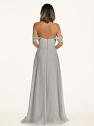 KissDress-Breona Silver A Line Chiffon Off the Shoulder Twisted Long Bridesmaid Dress
