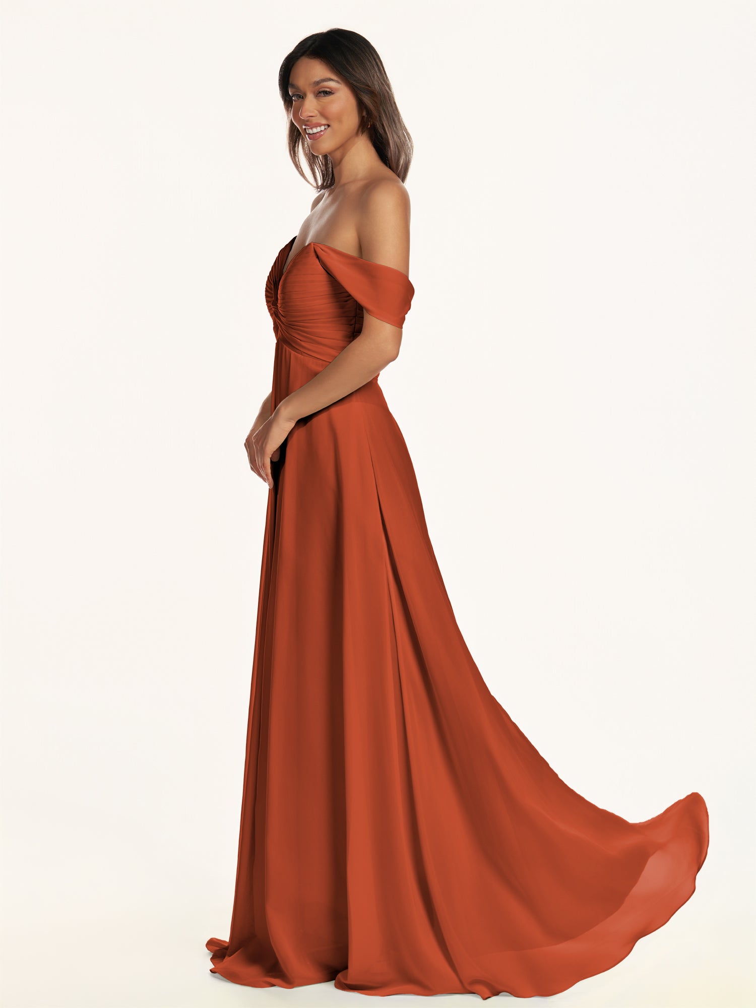KissDress-Breona Spice A Line Chiffon Off the Shoulder Twisted Long Bridesmaid Dress