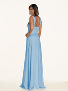 KissDress-Breona Steel Blue A Line Chiffon Off the Shoulder Twisted Long Bridesmaid Dress