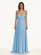 KissDress-Breona Steel Blue A Line Chiffon Off the Shoulder Twisted Long Bridesmaid Dress