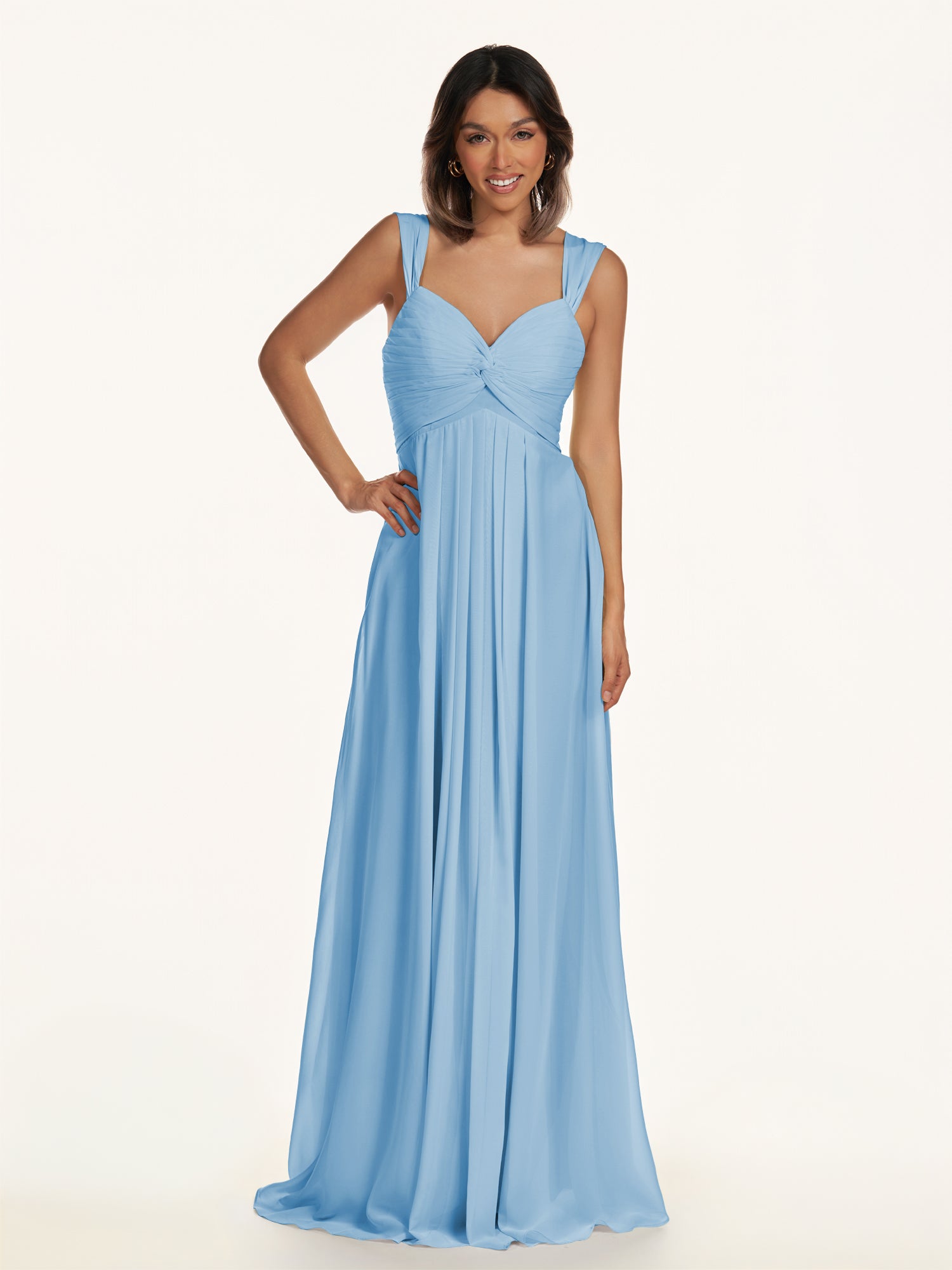 KissDress-Breona Steel Blue A Line Chiffon Off the Shoulder Twisted Long Bridesmaid Dress