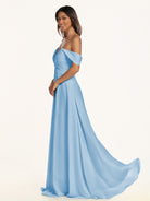 KissDress-Breona Steel Blue A Line Chiffon Off the Shoulder Twisted Long Bridesmaid Dress