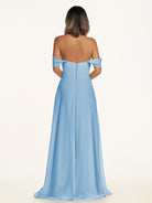 KissDress-Breona Steel Blue A Line Chiffon Off the Shoulder Twisted Long Bridesmaid Dress