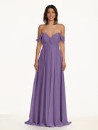 KissDress-Breona Tahiti A Line Chiffon Off the Shoulder Twisted Long Bridesmaid Dress