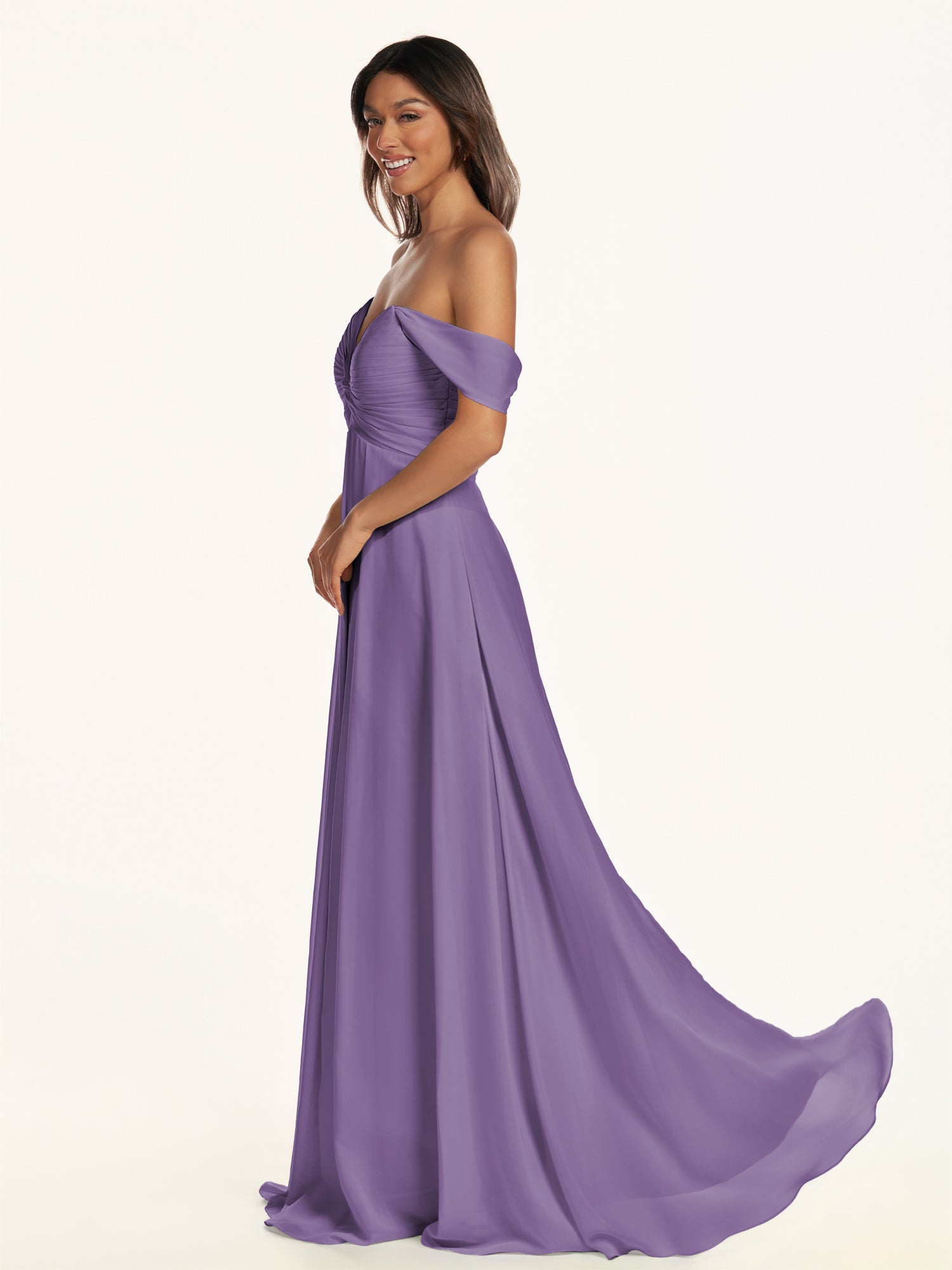 KissDress-Breona Tahiti A Line Chiffon Off the Shoulder Twisted Long Bridesmaid Dress