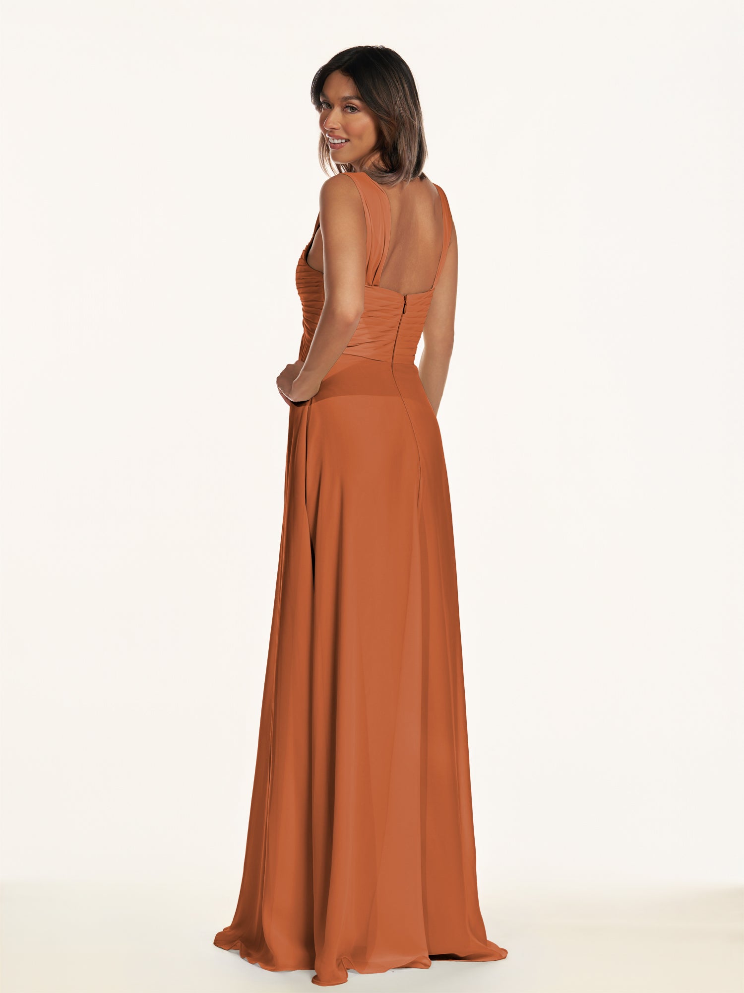 KissDress-Breona Terracotta A Line Chiffon Off the Shoulder Twisted Long Bridesmaid Dress