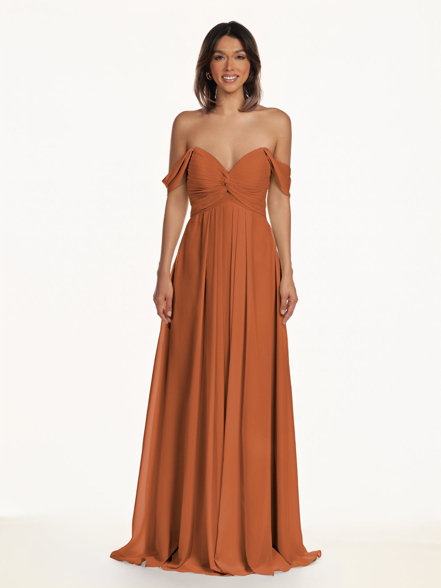 KissDress-Breona Terracotta A Line Chiffon Off the Shoulder Twisted Long Bridesmaid Dress