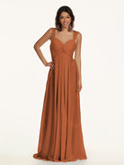 KissDress-Breona Terracotta A Line Chiffon Off the Shoulder Twisted Long Bridesmaid Dress