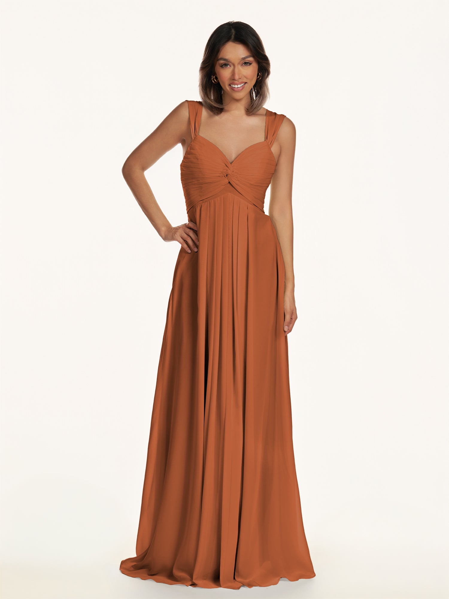 KissDress-Breona Terracotta A Line Chiffon Off the Shoulder Twisted Long Bridesmaid Dress