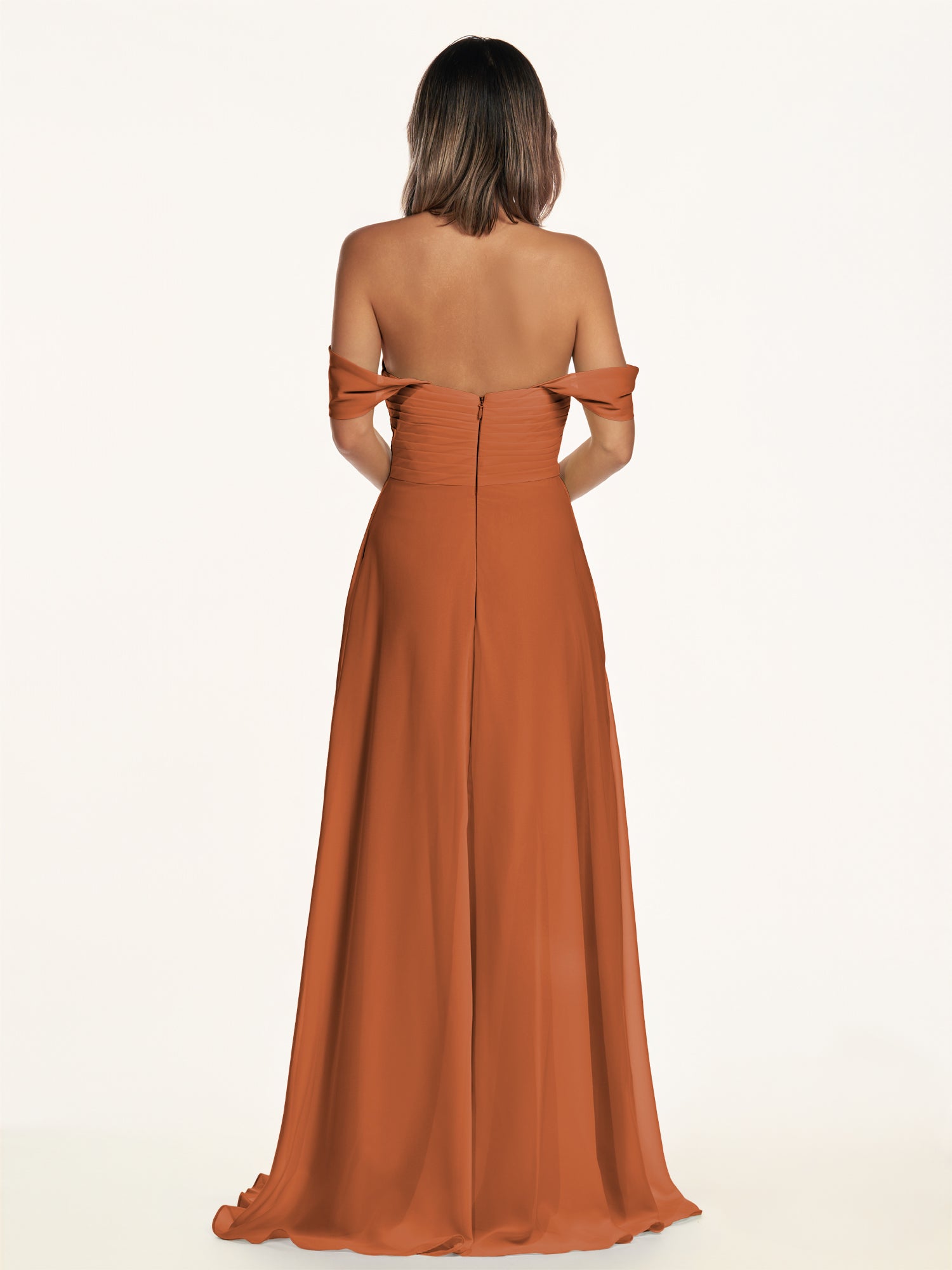 KissDress-Breona Terracotta A Line Chiffon Off the Shoulder Twisted Long Bridesmaid Dress