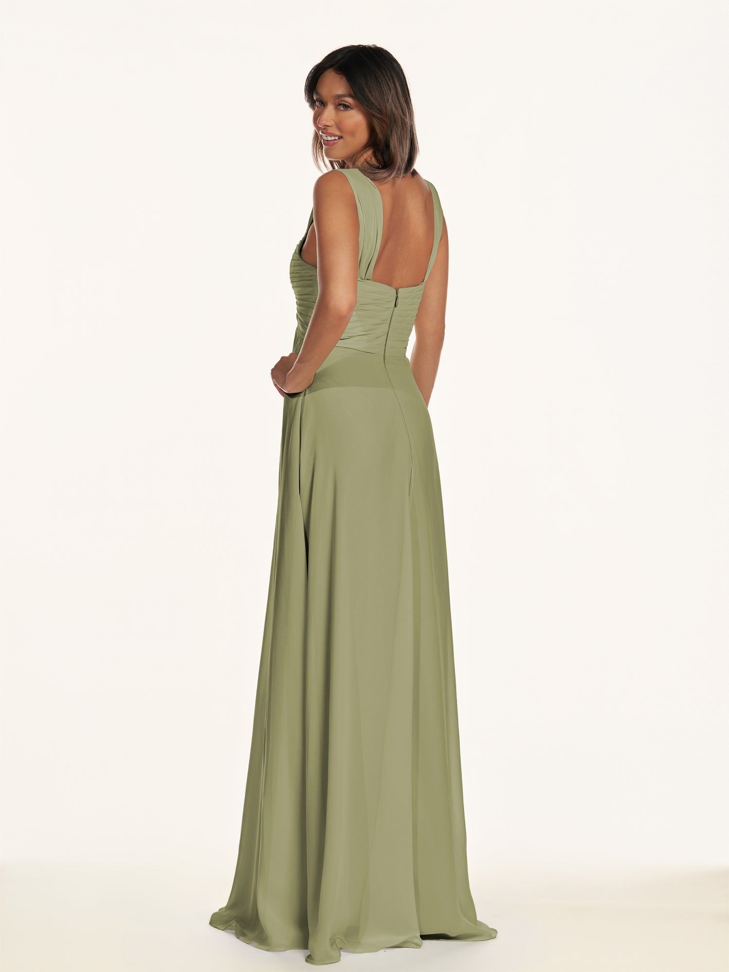 KissDress-Breona Thyme A Line Chiffon Off the Shoulder Twisted Long Bridesmaid Dress