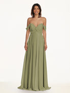 KissDress-Breona Thyme A Line Chiffon Off the Shoulder Twisted Long Bridesmaid Dress
