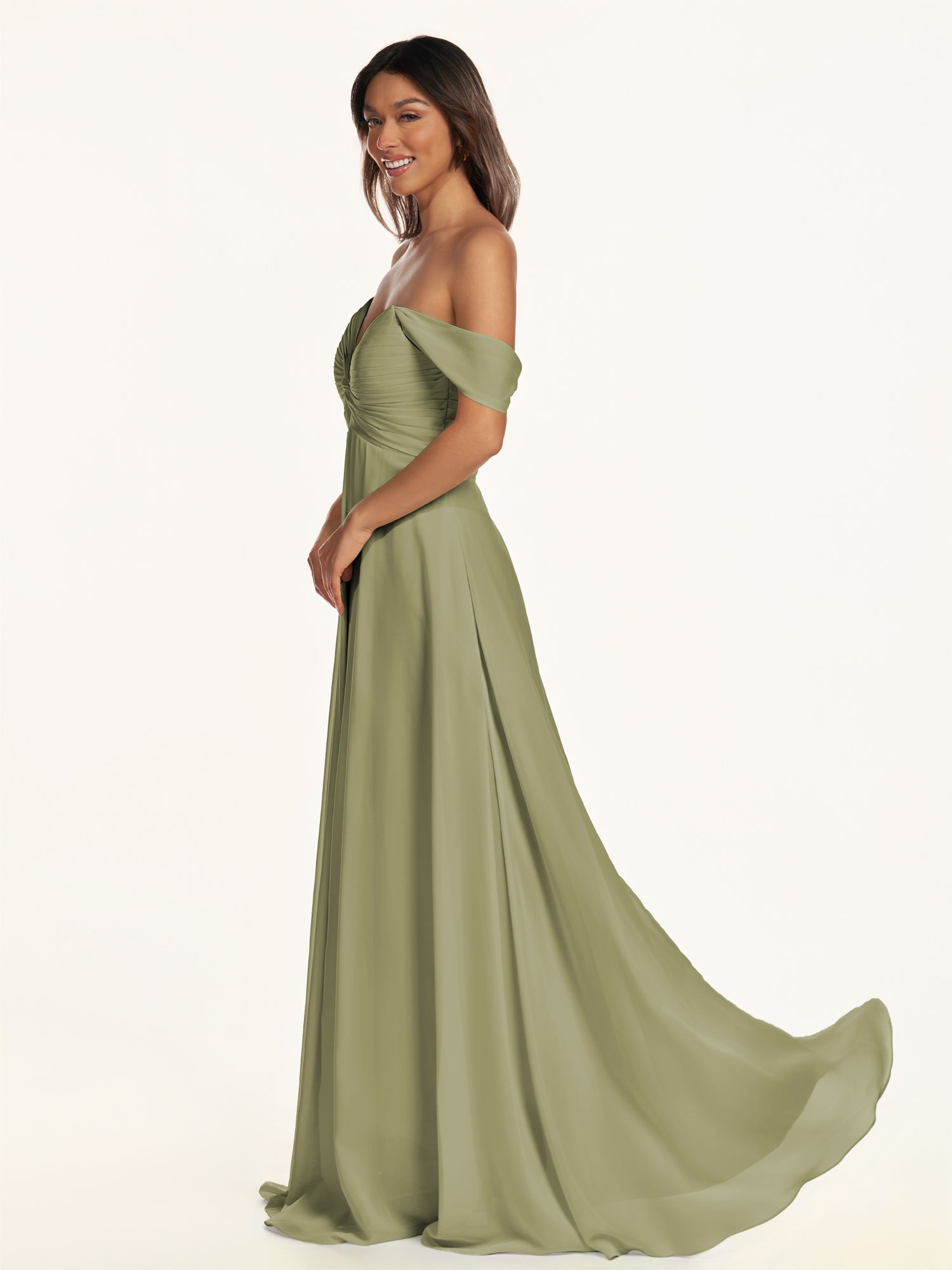 KissDress-Breona Thyme A Line Chiffon Off the Shoulder Twisted Long Bridesmaid Dress