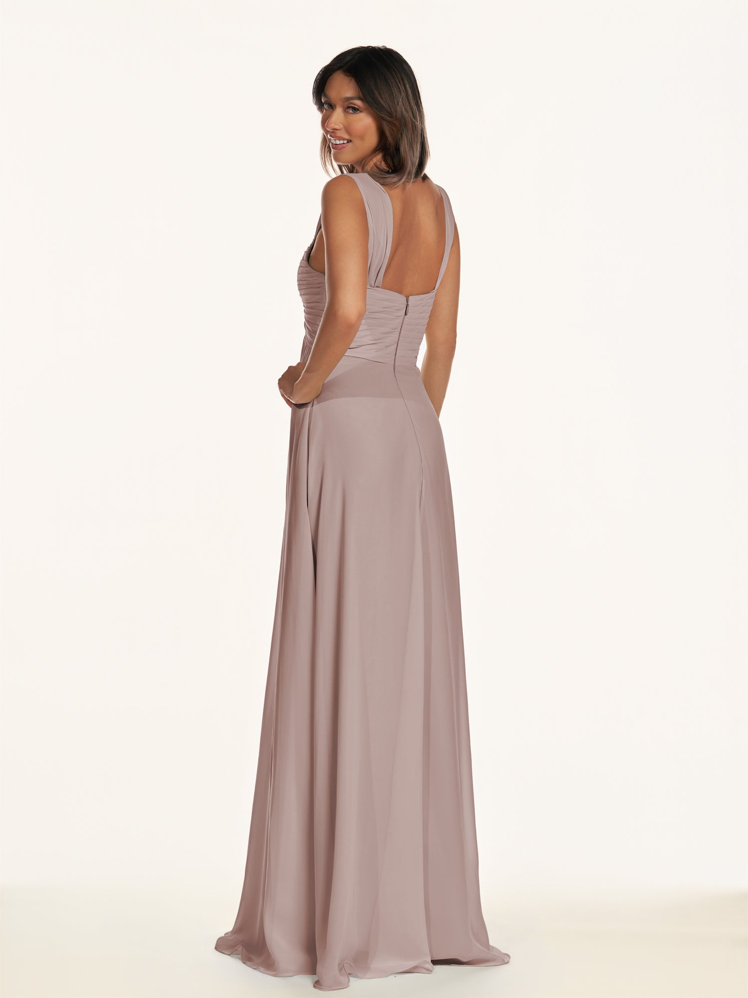 KissDress-Breona Toffee A Line Chiffon Off the Shoulder Twisted Long Bridesmaid Dress