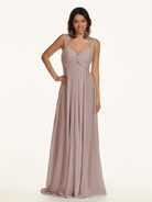 KissDress-Breona Toffee A Line Chiffon Off the Shoulder Twisted Long Bridesmaid Dress