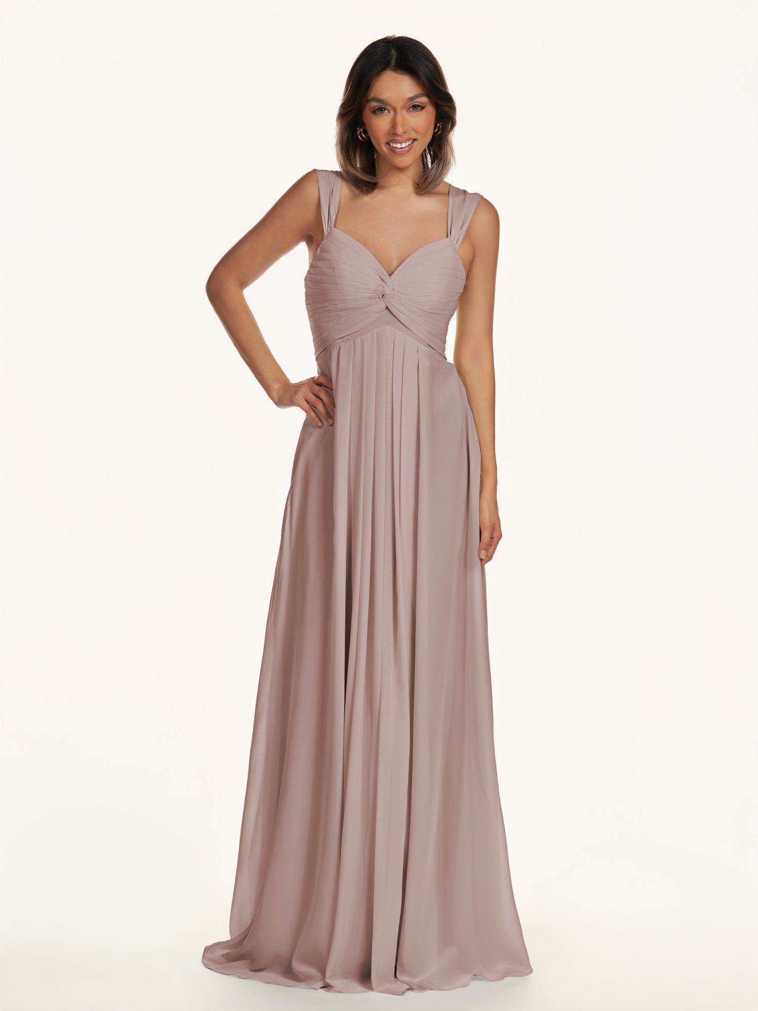 KissDress-Breona Toffee A Line Chiffon Off the Shoulder Twisted Long Bridesmaid Dress