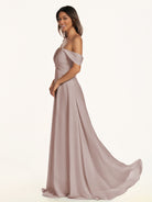 KissDress-Breona Toffee A Line Chiffon Off the Shoulder Twisted Long Bridesmaid Dress