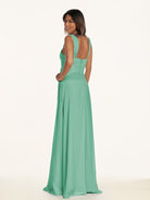 KissDress-Breona Turquoise A Line Chiffon Off the Shoulder Twisted Long Bridesmaid Dress
