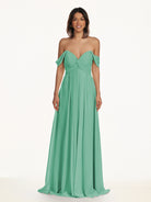 KissDress-Breona Turquoise A Line Chiffon Off the Shoulder Twisted Long Bridesmaid Dress