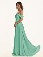 KissDress-Breona Turquoise A Line Chiffon Off the Shoulder Twisted Long Bridesmaid Dress
