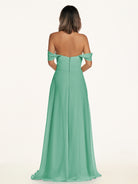 KissDress-Breona Turquoise A Line Chiffon Off the Shoulder Twisted Long Bridesmaid Dress