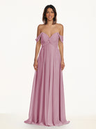 KissDress-Breona Vintage Mauve A Line Chiffon Off the Shoulder Twisted Long Bridesmaid Dress