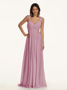 KissDress-Breona Vintage Mauve A Line Chiffon Off the Shoulder Twisted Long Bridesmaid Dress